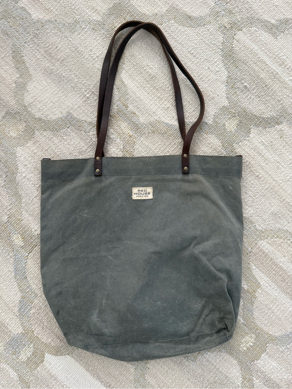 Red House VT Made By Hand Olive Canvas Tote with Brown Leather Straps